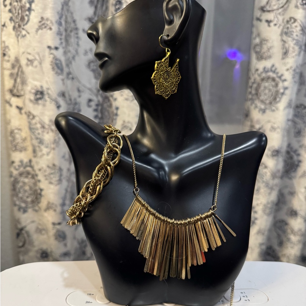 Gold Fringe long Statement Necklace Set with 2 Bracelets